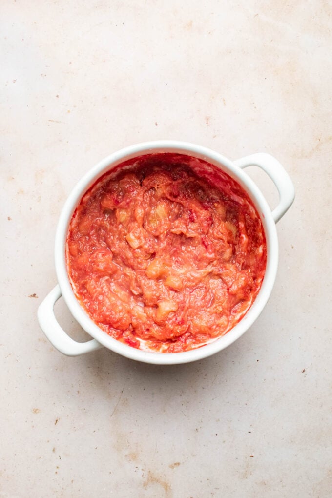 rhubarb compote in white pot