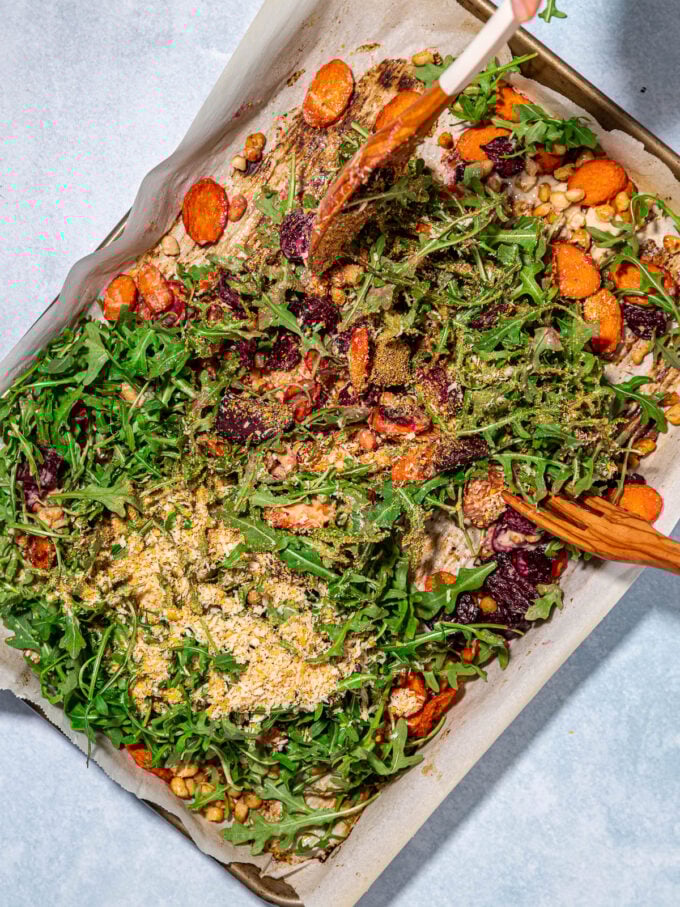 roasted beet salad on baking sheet
