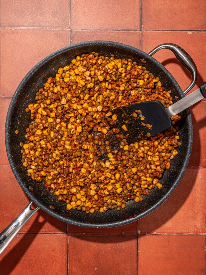 lentil walnut taco crumbles in skillet