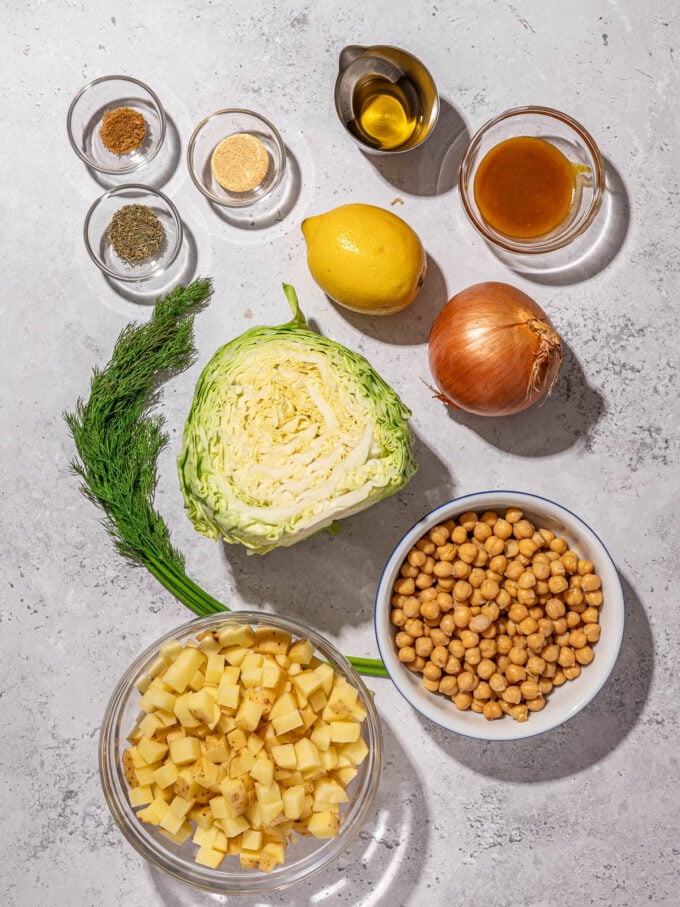 cabbage, chickpeas, potatoes and lemon