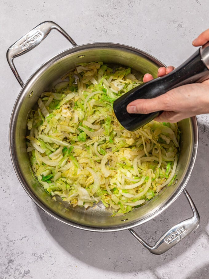 hand adding pepper to cabbage in pot