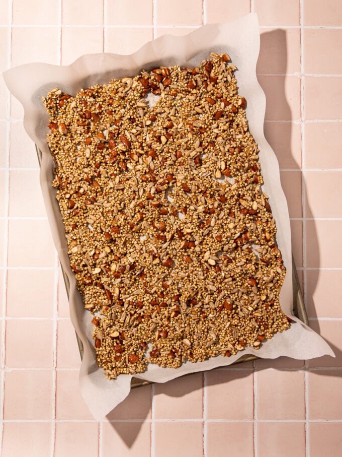 buckwheat granola on baking sheet