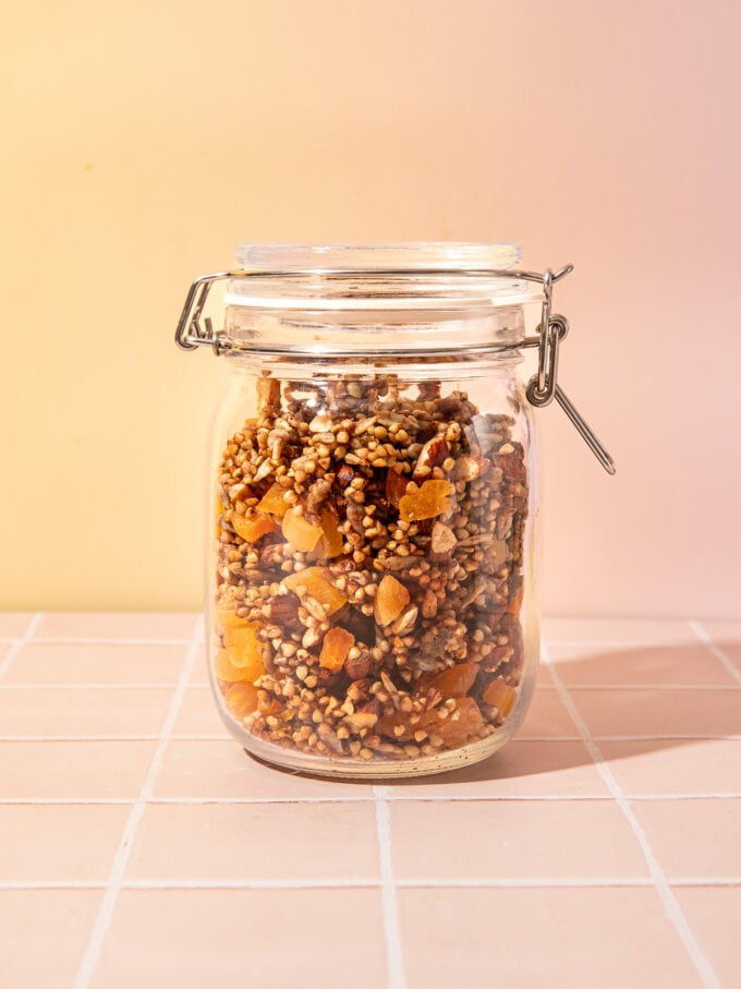buckwheat granola with apricots in glass jar