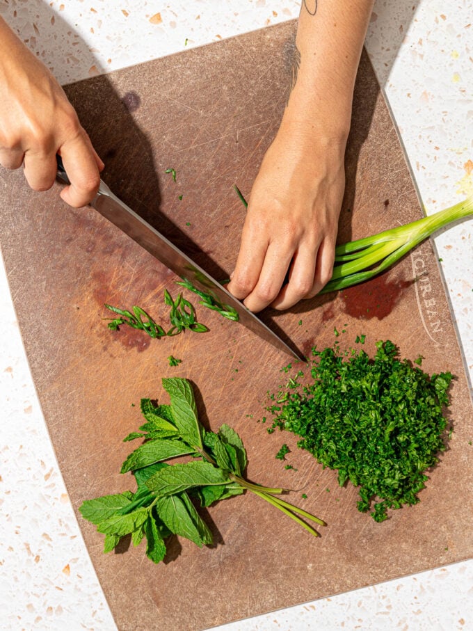 hand slicing green onion