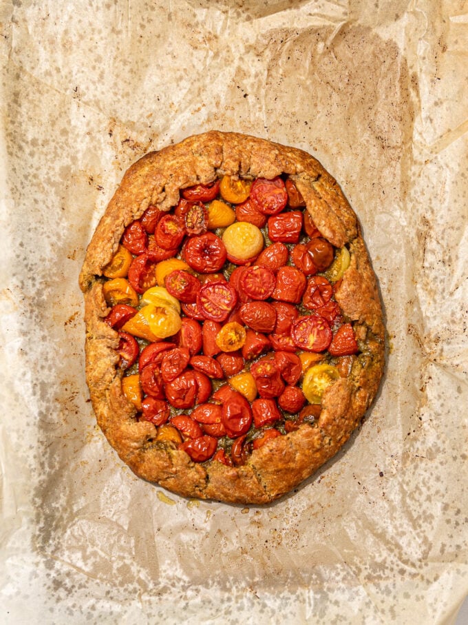 tomato galette on parchment paper