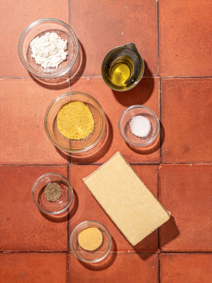 tofu, nutritional yeast, oil in bowls