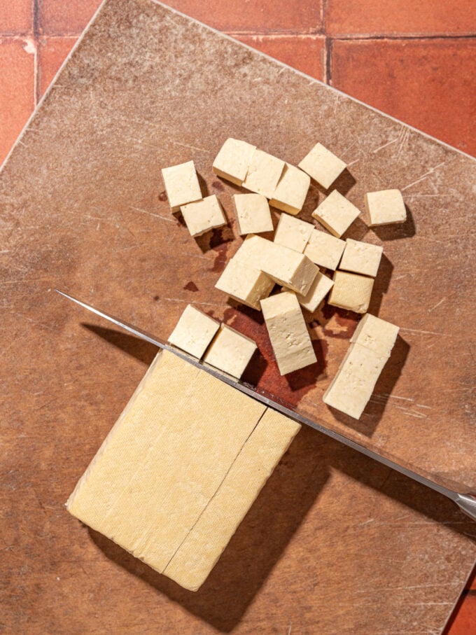 cutting tofu into cubes