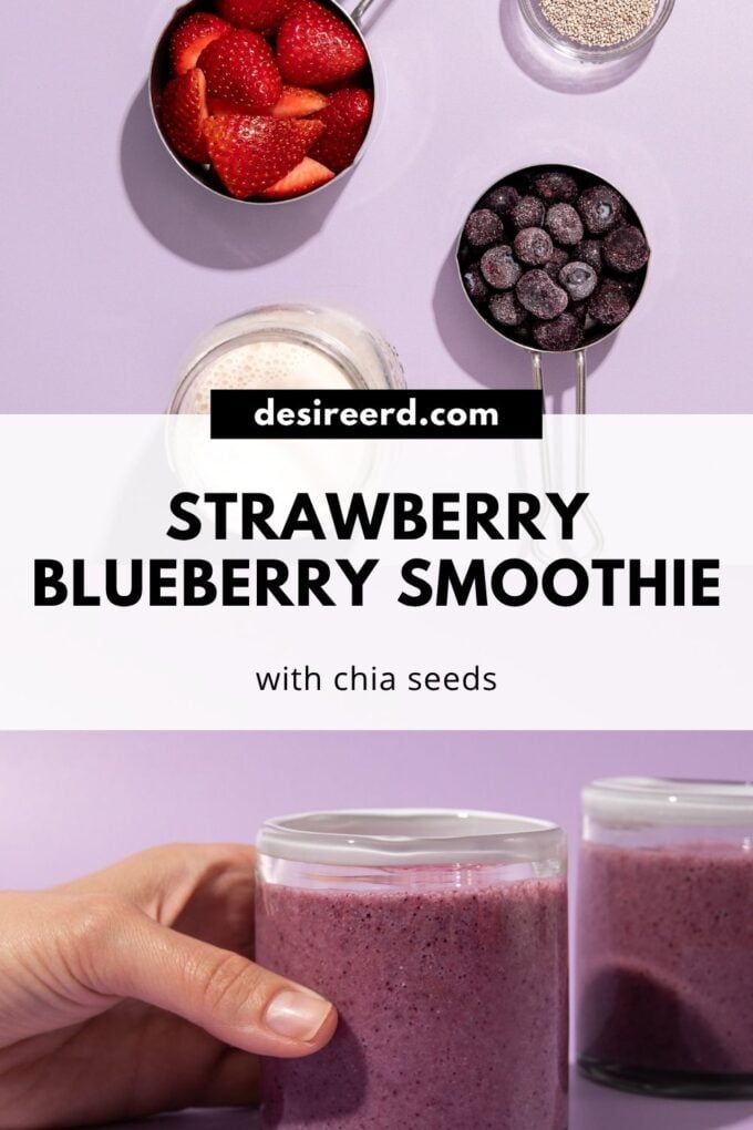 pinterest graphic of strawberry blueberry smoothie and it's ingredients