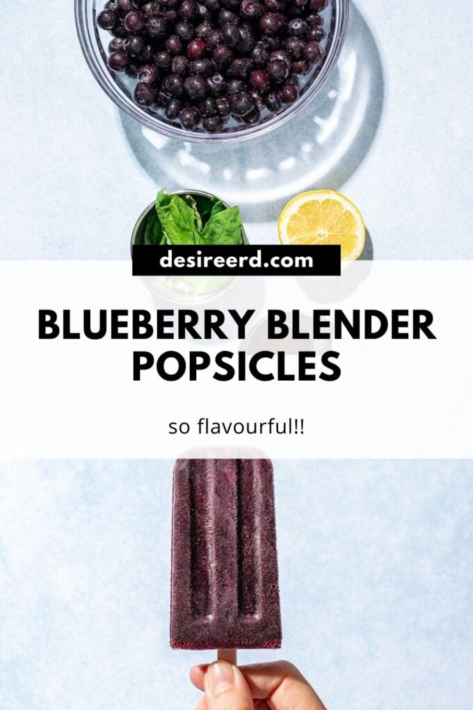 pinterest graphic for blueberry popsicles with bowl of blueberries