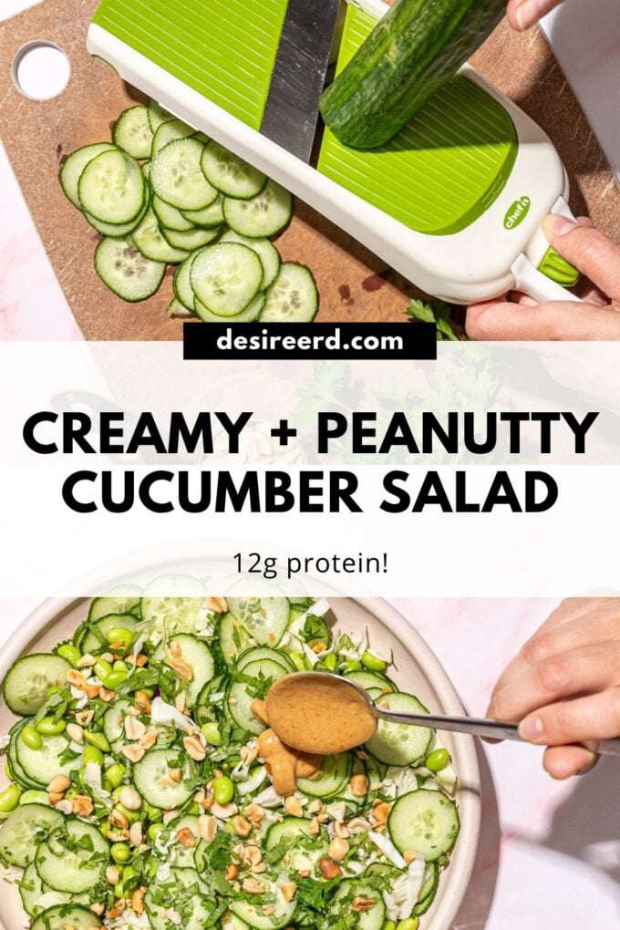 pinterest graphic of hand slicing cucumber and drizzling peanut sauce over salad