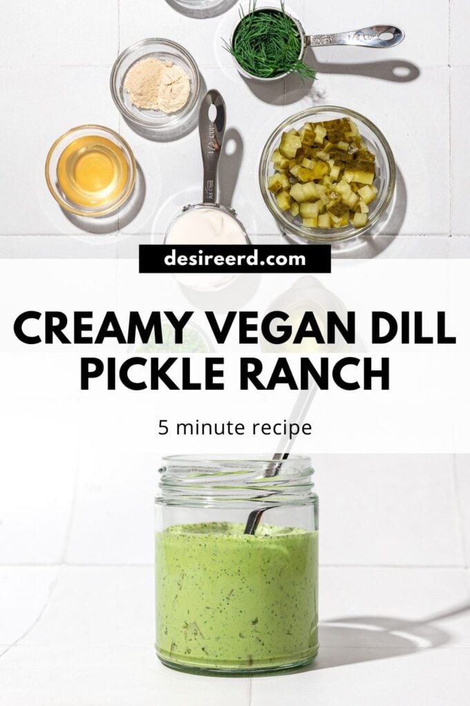 pinterest graphic of green sauce in jar with bowls of dill pickles, dill and mayo