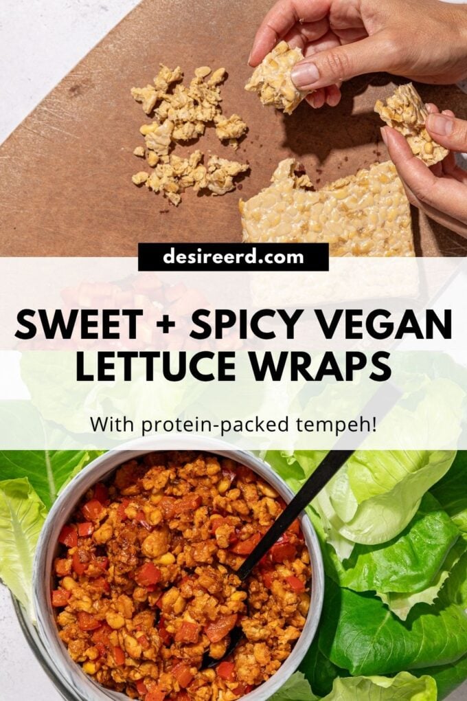 pinterest graphic of hand crumbling tempeh on cutting board with bowl of tempeh crumbles and lettuce