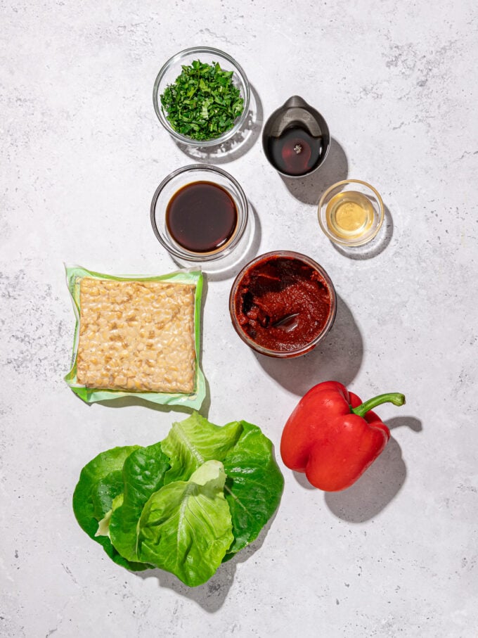 package of tempeh with lettuce, bell pepper, and sauces in bowls