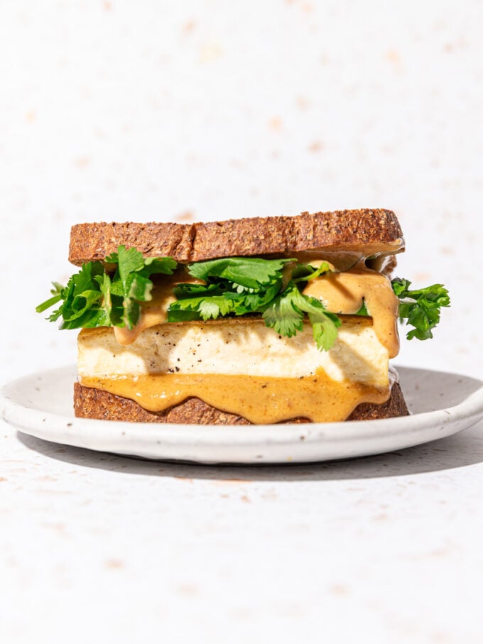 tofu sandwich with peanut sauce and cilantro on white plate