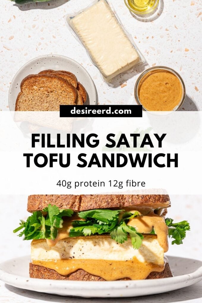 pinterest graphic of tofu sandwich with package of tofu, slices of bread and peanut sauce in jar