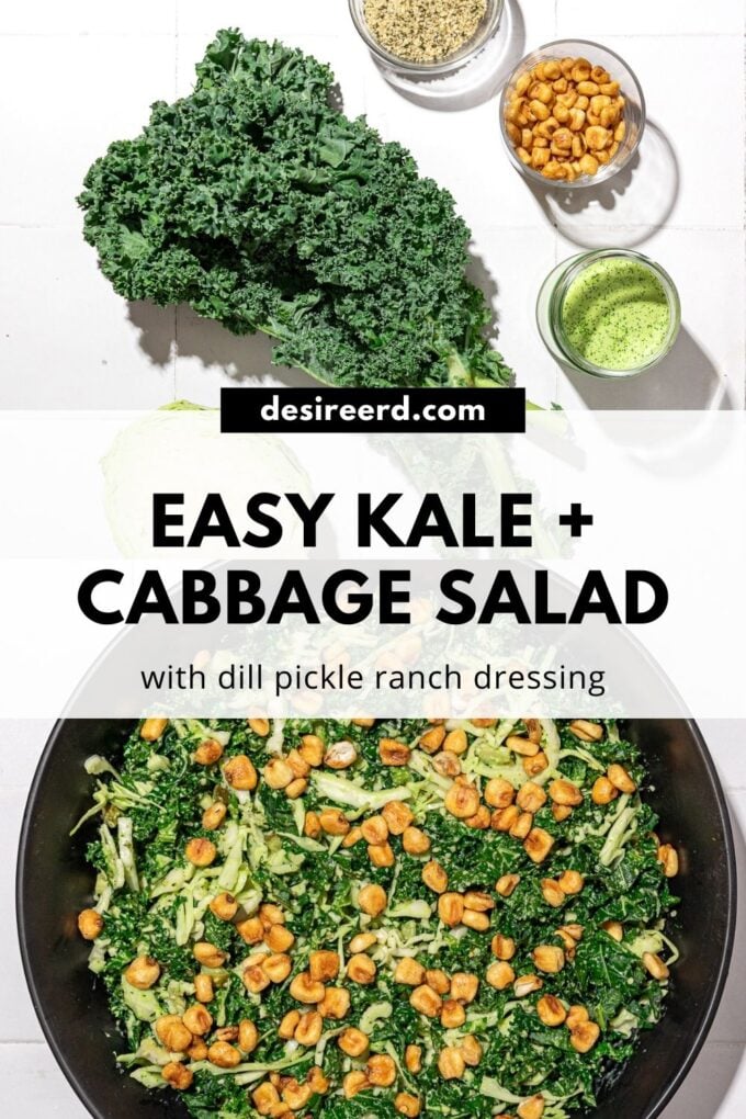 pinterest graphic of bowl of kale cabbage salad with bunch of kale, bowls of corn nuts and hemp hearts