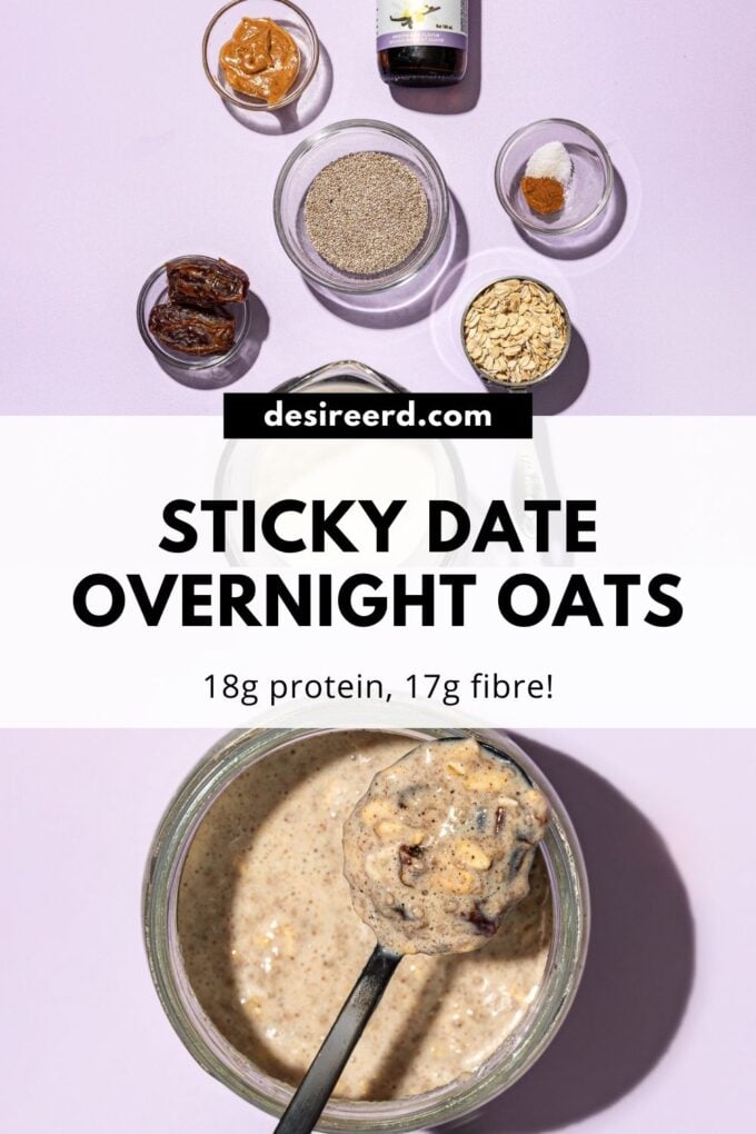 overnight oats in spoon, beside bowls of almond butter, chia seeds, oats and dates on purple background