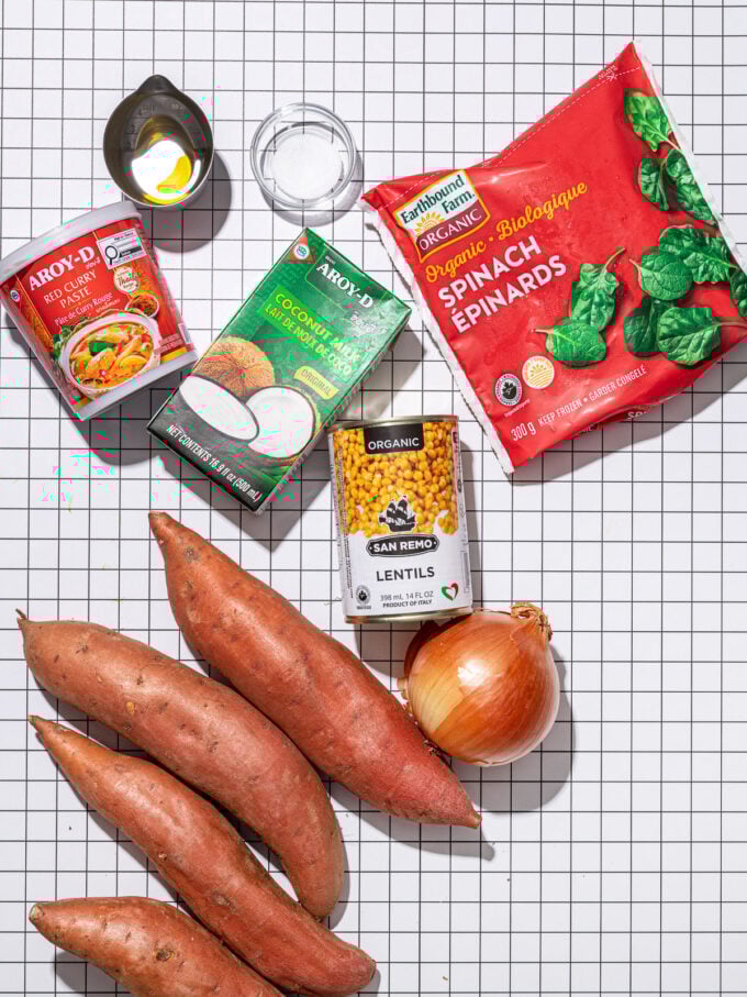 sweet potatoes, onion, canned lentils, frozen spinach, coconut milk and red curry paste