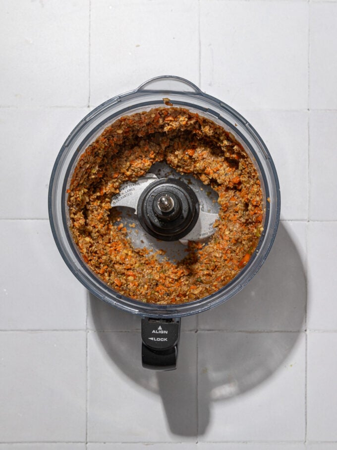 blended vegan meatloaf base in food processor