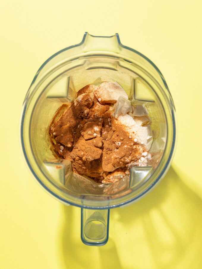 blender with cinnamon, banana, tofu