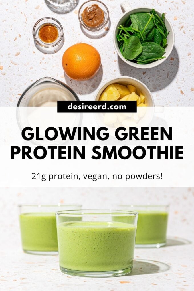 pin of green smoothies in glasses plus bowls of spinach, orange and pineapple