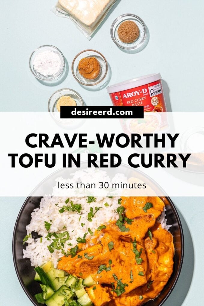 pin of black bowl of curry tofu and rice with container of red curry and tofu